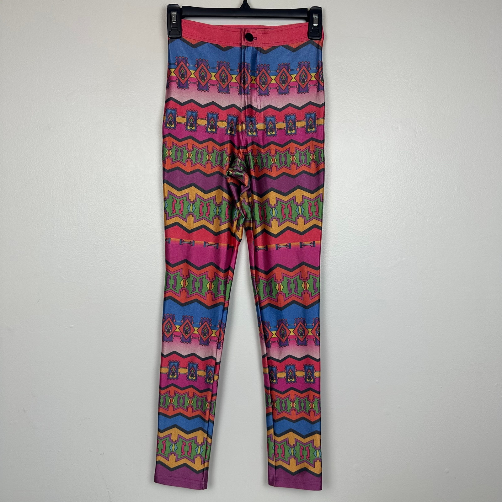 Vintage Neomax Womens Rainbow Geometric High Waist Shiny 70s Disco Leggings Xs